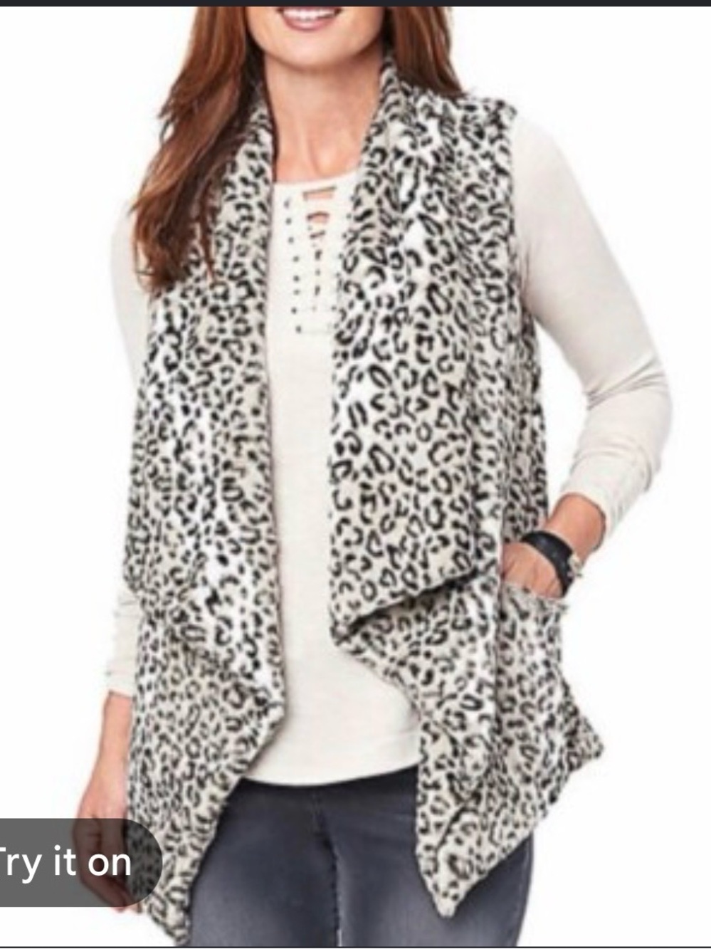 Leopard Print Draped Faux Fur Vest - Cream/Black